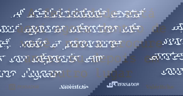 A felicidade está aqui agora dentro de você, não a procure antes ou depois em outro lugar... Frase de Valeritcho.
