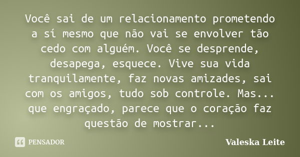 Você sai de um relacionamento prometendo a sí mesmo que não vai se envolver tão cedo com alguém. Você se desprende, desapega, esquece. Vive sua vida tranquilame... Frase de Valeska Leite.