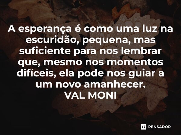 ⁠A esperança é como uma luz na escuridão, pequena, mas suficiente para nos lembrar que, mesmo nos momentos difíceis, ela pode nos guiar a um novo amanhecer.... Frase de VAL MONI.