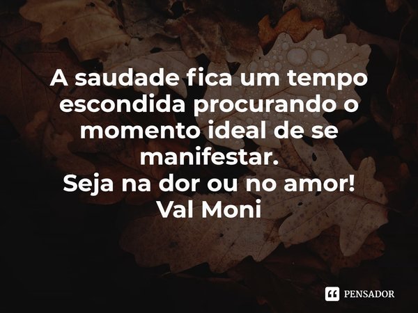 ⁠A saudade fica um tempo escondida procurando o momento ideal de se manifestar.
Seja na dor ou no amor!... Frase de Val Moni.
