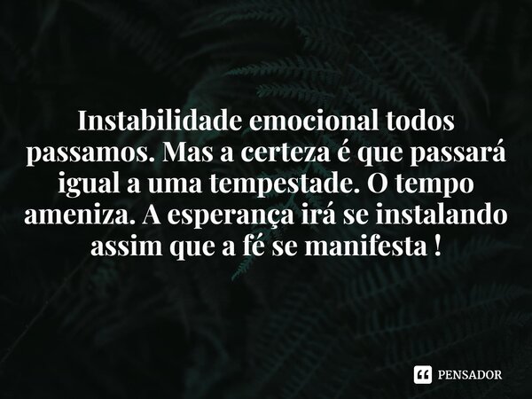 ⁠Instabilidade emocional todos passamos.Mas a certeza é que passará igual a uma tempestade.O tempo ameniza. A esperança irá se instalando assim que a fé se mani... Frase de Val Moni.