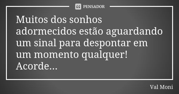 Muitos dos sonhos adormecidos estão aguardando um sinal para despontar em um momento qualquer! Acorde...... Frase de Val Moni.