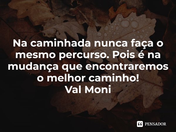 ⁠Na caminhada nunca faça o mesmo percurso. Pois é na mudança que encontraremos o melhor caminho!... Frase de Val Moni.