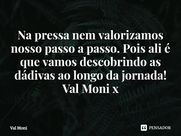 ⁠Na pressa nem valorizamos nosso passo a passo. Pois ali é que vamos descobrindo as dádivas ao longo da jornada!... Frase de Val Moni.