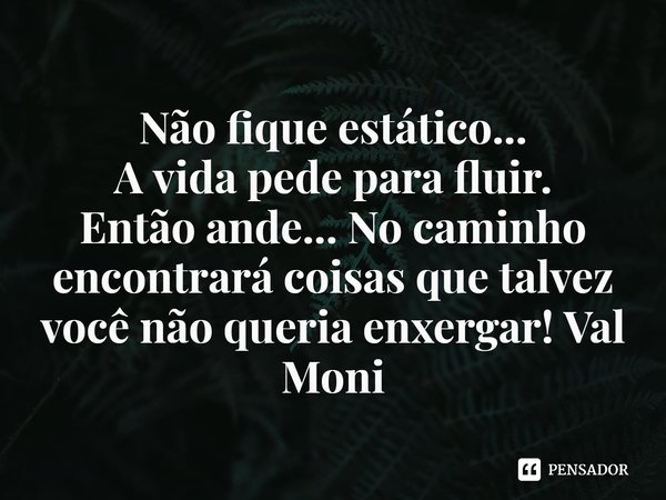 ⁠Não fique estático...
A vida pede para fluir.
Então ande... No caminho encontrará coisas que talvez você não queria enxergar!... Frase de Val Moni.