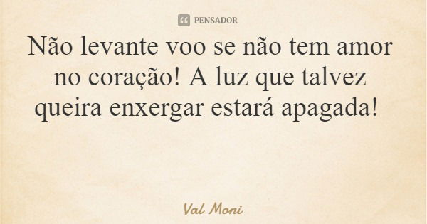 Não levante voo se não tem amor no coração! A luz que talvez queira enxergar estará apagada!... Frase de Val Moni.