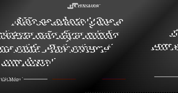 Não se abata! Que a tristeza não faça ninho em sua vida. Pois viver é um luxo!... Frase de Val Moni.