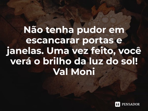 ⁠Não tenha pudor em escancarar portas e janelas. Uma vez feito, você verá o brilho da luz do sol!... Frase de Val Moni.