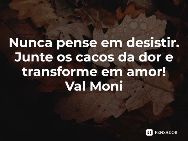 ⁠Nunca pense em desistir. Junte os cacos da dor e transforme em amor!... Frase de Val Moni.
