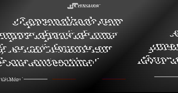O aprendizado vem sempre depois de uma queda, se cair levante em favor de sua autoestima!... Frase de Val Moni.