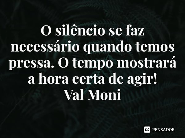 ⁠O silêncio se faz necessário quando temos pressa. O tempo mostrará a hora certa de agir!... Frase de Val Moni.