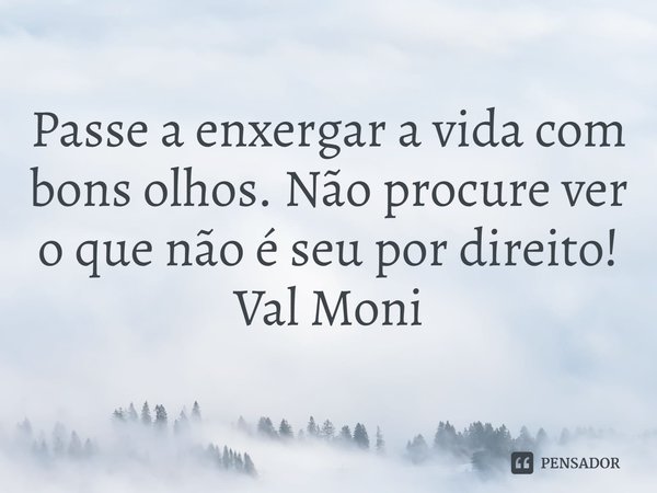 ⁠Passe a enxergar a vida com bons olhos. Não procure ver o que não é seu por direito!... Frase de Val Moni.