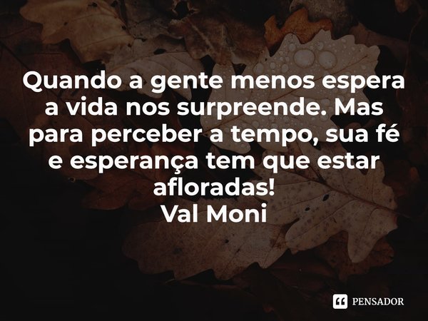 ⁠Quando a gente menos espera a vida nos surpreende. Mas para perceber a tempo, sua fé e esperança tem que estar afloradas!... Frase de Val Moni.