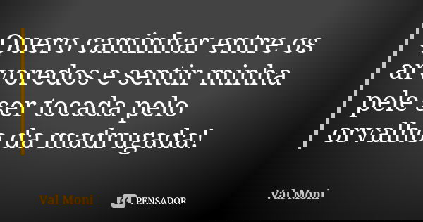 Quero caminhar entre os arvoredos e sentir minha pele ser tocada pelo orvalho da madrugada!... Frase de Val Moni.