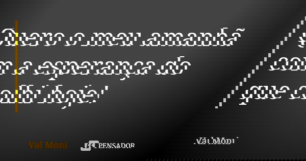 Quero o meu amanhã com a esperança do que colhi hoje!... Frase de Val Moni.