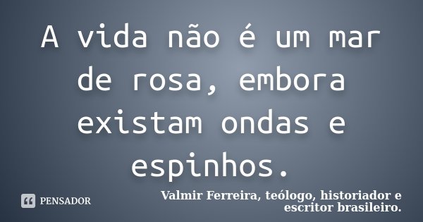A vida não é um mar de rosa, embora existam ondas e espinhos.... Frase de Valmir Ferreira, teólogo, historiador e escritor brasileiro..