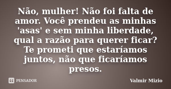 Não, mulher! Não foi falta de amor. Você prendeu as minhas 'asas' e sem minha liberdade, qual a razão para querer ficar? Te prometi que estaríamos juntos, não q... Frase de Valmir Mizio.