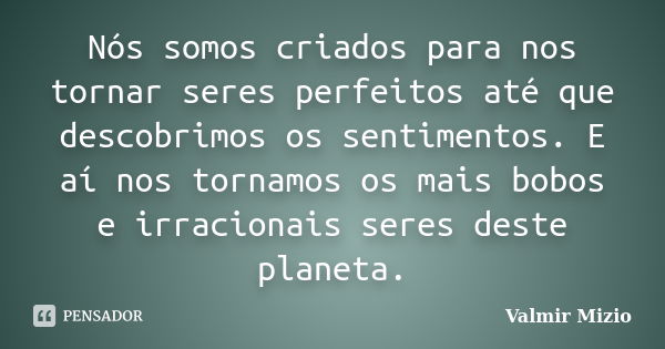 Nós somos criados para nos tornar seres perfeitos até que descobrimos os sentimentos. E aí nos tornamos os mais bobos e irracionais seres deste planeta.... Frase de Valmir Mizio.