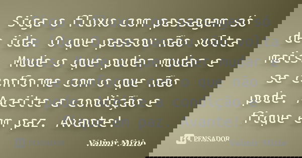Siga o fluxo com passagem só de ida. O que passou não volta mais. Mude o que puder mudar e se conforme com o que não pode. Aceite a condição e fique em paz. Ava... Frase de valmir mizio.