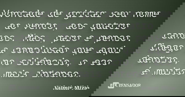 Vontade de gritar seu nome ao vento, aos quatro cantos. Mas, paro e penso. Chego a conclusão que aqui dentro, no silêncio, o eco é muito mais intenso.... Frase de Valmir Mizio.
