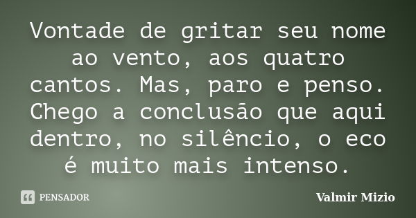 Vontade de gritar seu nome ao vento, aos quatro cantos. Mas, paro e penso. Chego a conclusão que aqui dentro, no silêncio, o eco é muito mais intenso.... Frase de Valmir Mizio.