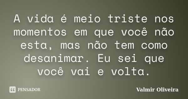 A vida é meio triste nos momentos em que você não esta, mas não tem como desanimar. Eu sei que você vai e volta.... Frase de Valmir Oliveira.