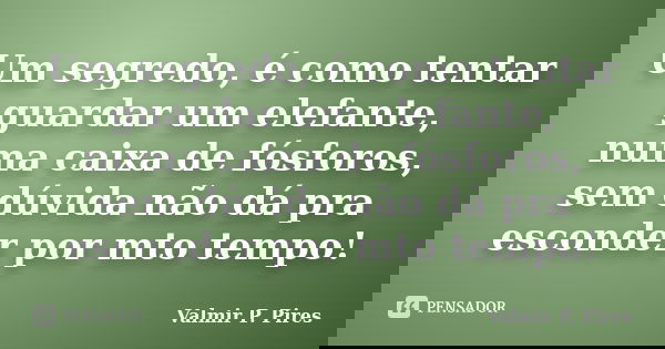 Um segredo, é como tentar guardar um elefante, numa caixa de fósforos, sem dúvida não dá pra esconder por mto tempo!... Frase de Valmir P. Pires.