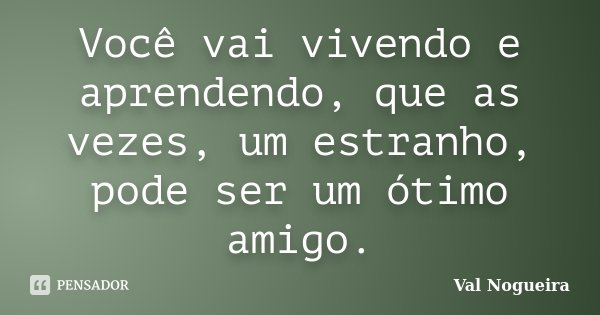 Você vai vivendo e aprendendo, que as vezes, um estranho, pode ser um ótimo amigo.... Frase de Val Nogueira.