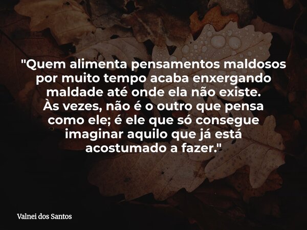 "Quem alimenta pensamentos maldosos por muito tempo acaba enxergando maldade até onde ela não existe. Às vezes, não é o outro que pensa como ele; é ele que... Frase de Valnei dos Santos.