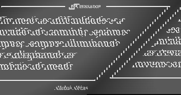 Em meio as dificuldades e a escuridão do caminho, sejamos pirilampos, sempre iluminando as trevas e dissipando as nuvens sombrias do medo.... Frase de Valnia Véras.