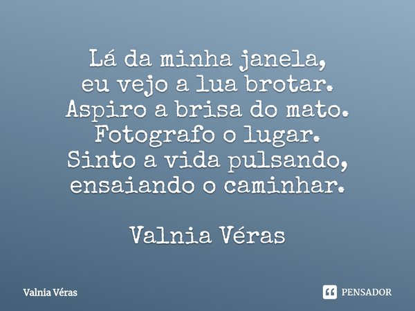 ⁠⁠Lá da minha janela, eu vejo a lua brotar. Aspiro a brisa do mato. Fotografo o lugar. Sinto a vida pulsando, ensaiando o caminhar. Valnia Véras... Frase de Valnia Véras.