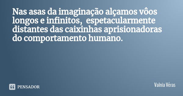 Nas asas da imaginação alçamos vôos longos e infinitos, espetacularmente distantes das caixinhas aprisionadoras do comportamento humano.... Frase de Valnia Véras.
