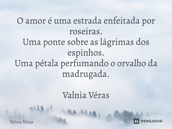 ⁠O amor é uma estrada enfeitada por roseiras. Uma ponte sobre as lágrimas dos espinhos. Uma pétala perfumando o orvalho da madrugada. Valnia Véras... Frase de Valnia Véras.