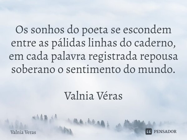 ⁠⁠Os sonhos do poeta se escondem entre as pálidas linhas do caderno, em cada palavra registrada repousa soberano o sentimento do mundo. Valnia Véras... Frase de Valnia Véras.