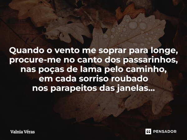 ⁠ Quando o vento me soprar para longe, procure-me no canto dos passarinhos, nas poças de lama pelo caminho, em cada sorriso roubado nos parapeitos das janelas..... Frase de Valnia Véras.