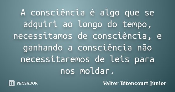 A consciência é algo que se adquiri ao longo do tempo, necessitamos de consciência, e ganhando a consciência não necessitaremos de leis para nos moldar.... Frase de Valter Bitencourt Júnior.