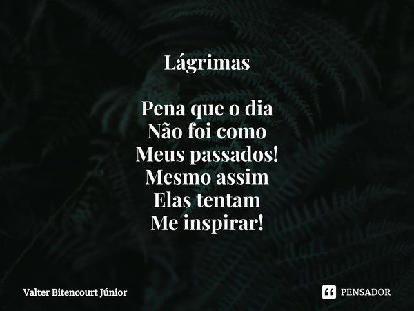 ⁠Lágrimas Pena que o dia
Não foi como
Meus passados!
Mesmo assim
Elas tentam
Me inspirar!... Frase de Valter Bitencourt Júnior.