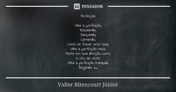 Perfeição Olha a perfeição, Rebolando, Dançando, Cantando, Como se fosse uma rosa, Olha a perfeição rosa, Morta em sua direção como O céu ao vento Olha a perfei... Frase de Valter Bitencourt Júnior.