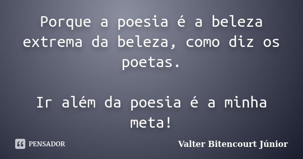 Porque a poesia é a beleza extrema da beleza, como diz os poetas. Ir além da poesia é a minha meta!... Frase de Valter Bitencourt Júnior.