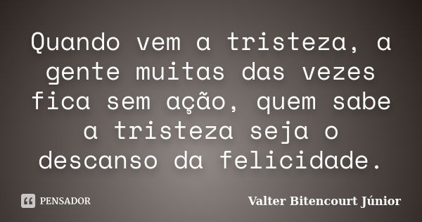 Quando vem a tristeza, a gente muitas das vezes fica sem ação, quem sabe a tristeza seja o descanso da felicidade.... Frase de Valter Bitencourt Júnior.