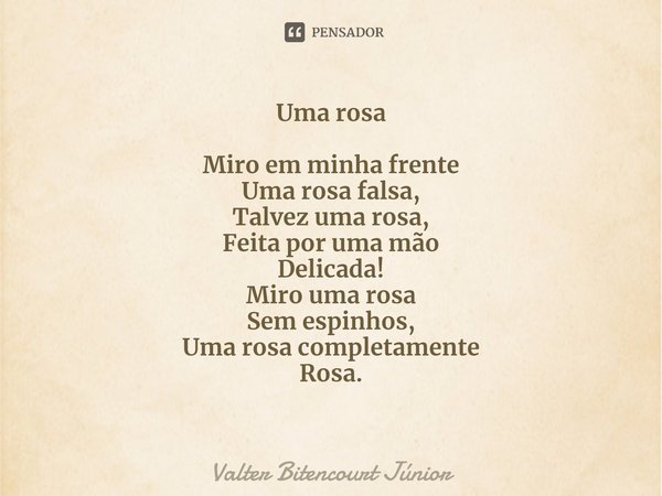 ⁠Uma rosa Miro em minha frente Uma rosa falsa, Talvez uma rosa, Feita por uma mão Delicada! Miro uma rosa Sem espinhos, Uma rosa completamente Rosa.... Frase de Valter Bitencourt Júnior.