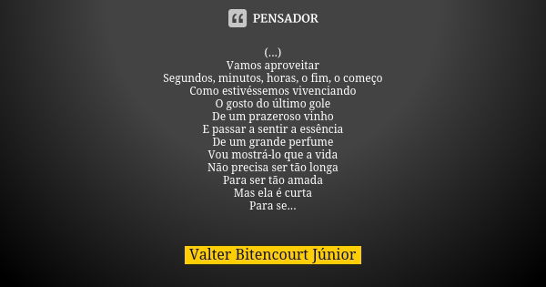 (...)
Vamos aproveitar
Segundos, minutos, horas, o fim, o começo
Como estivéssemos vivenciando
O gosto do último gole
De um prazeroso vinho
E passar a sentir a ... Frase de Valter Bitencourt Júnior.