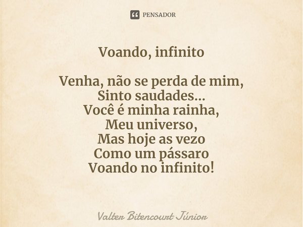 ⁠Voando, infinito Venha, não se perda de mim, Sinto saudades... Você é minha rainha, Meu universo, Mas hoje as vezo Como um pássaro Voando no infinito!... Frase de Valter Bitencourt Júnior.