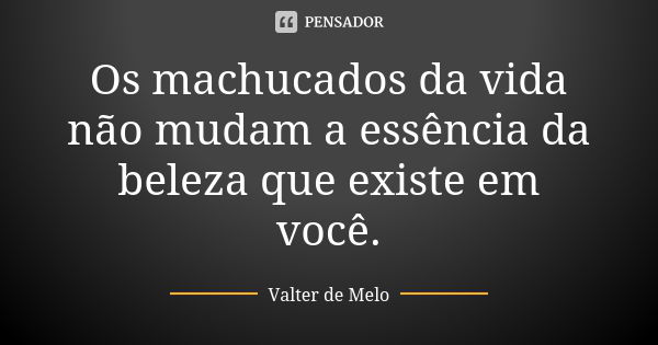 Os machucados da vida não mudam a essência da beleza que existe em você.... Frase de Valter de Melo.