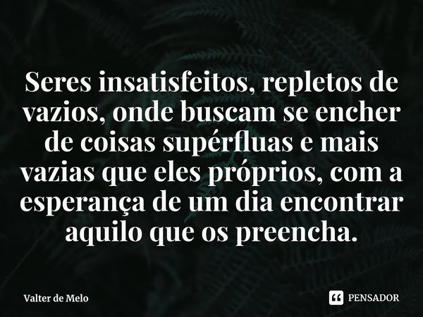 ⁠Seres insatisfeitos, repletos de vazios, onde buscam se encher de coisas supérfluas e mais vazias que eles próprios, com a esperança de um dia encontrar aquilo... Frase de Valter de Melo.