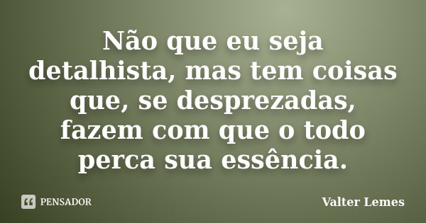 Não que eu seja detalhista, mas tem coisas que, se desprezadas, fazem com que o todo perca sua essência.... Frase de Valter Lemes.