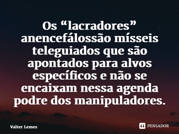 ⁠Os “lacradores” anencefálos são mísseis teleguiados que são apontados para alvos específicos e não se encaixam nessa agenda podre dos manipuladores.... Frase de Valter Lemes.