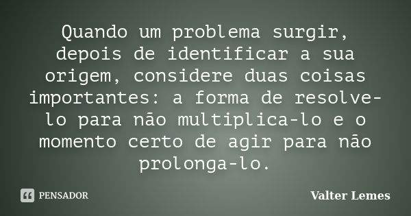 Quando um problema surgir, depois de identificar a sua origem, considere duas coisas importantes: a forma de resolve-lo para não multiplica-lo e o momento certo... Frase de Valter Lemes.