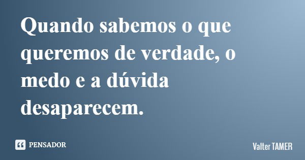 Quando sabemos o que queremos de verdade, o medo e a dúvida desaparecem.... Frase de Valter TAMER.
