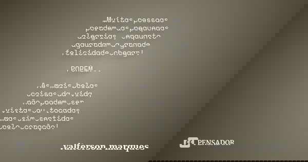 Muitas pessoas perdem as pequenas alegrias, enquanto aguardam a grande felicidade chegar! PORÉM... As mais belas coisas da vida, não podem ser vistas ou tocadas... Frase de valterson marques.